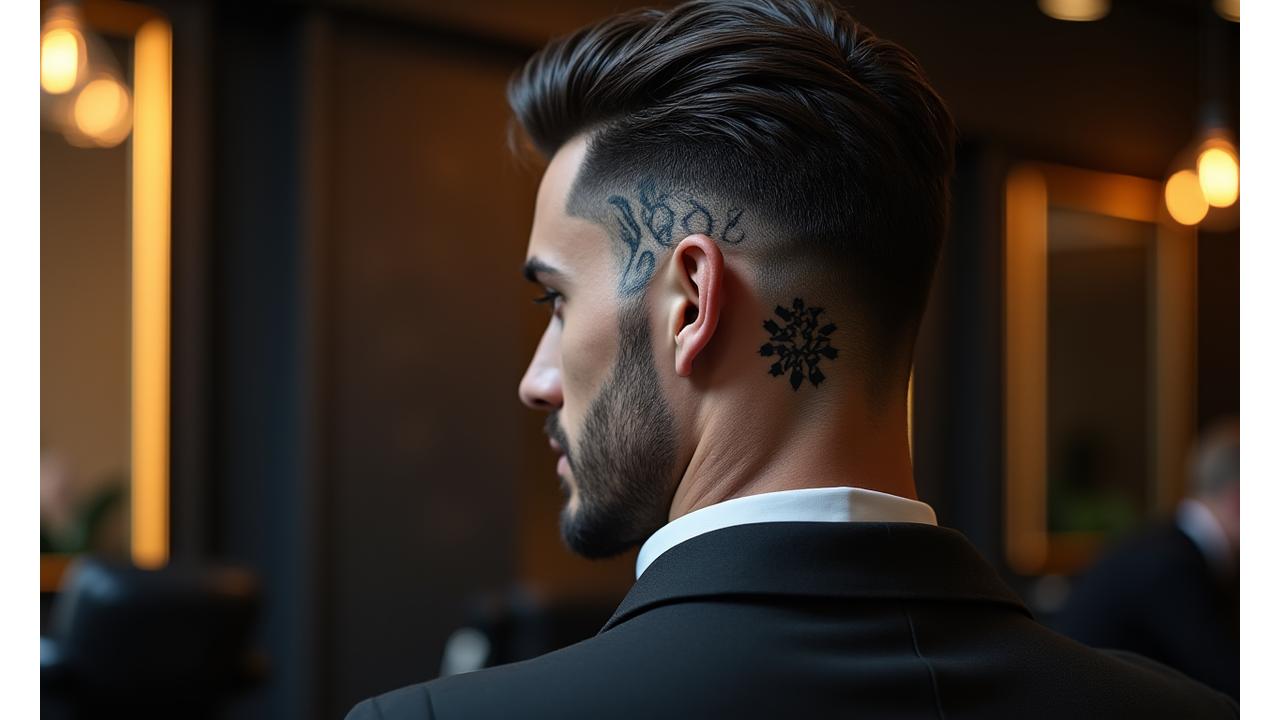 Close-up of a man's head with an intricate, geometric hair tattoo design shaved into the side, showcasing precision and artistic detail.