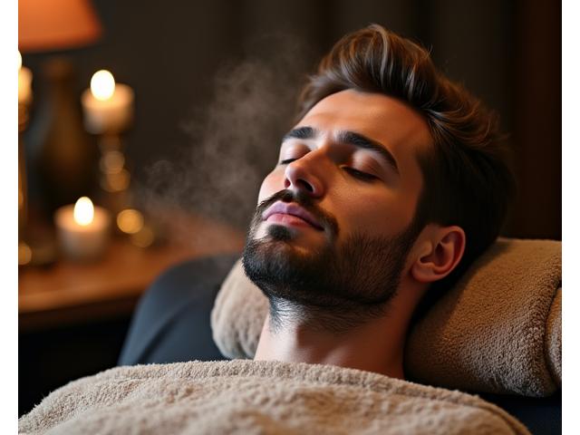Man enjoying a hot towel facial at a barbershop
